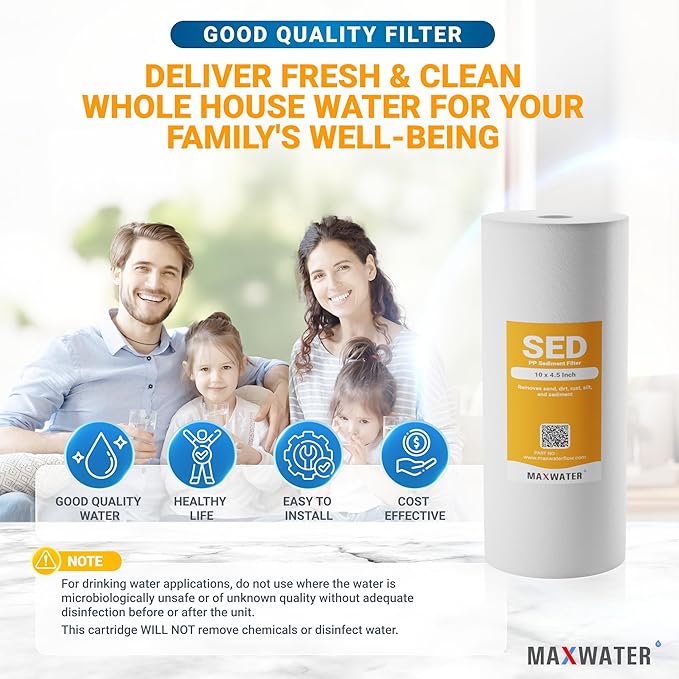 Max Water 10" x 4.5" Whole House Sediment Filter Cartridge Replacement | 1 Micron Melt-Blown Polypropylene Well Water Filter, Compatible with DGD-5005, AP810, WFHD13001B (Pack of 2)