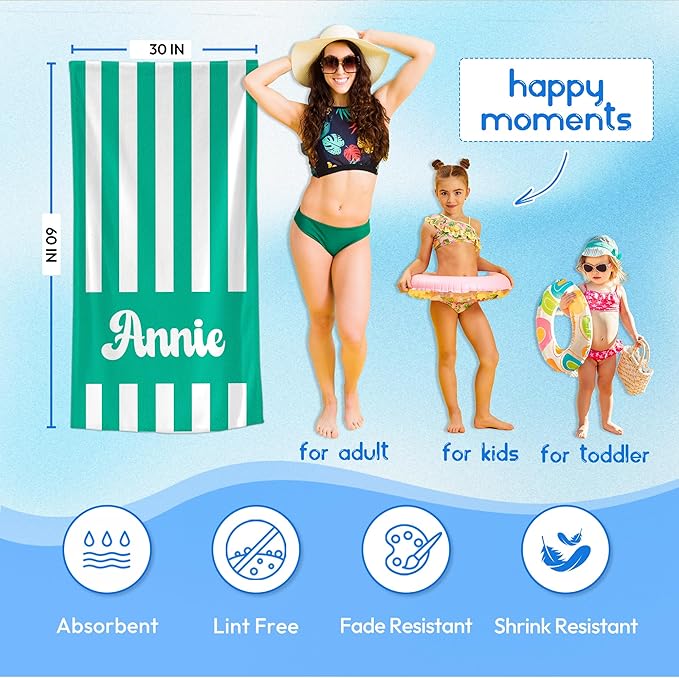 JML Personalized Beach Towel with Name, Custom Cabana Stripe Beach Towel, Customized Microfiber Pool Towel, Quick Dry & Absorbent Swim Towel for Adult,Mother's Day, Birthday, Summer Holiday,Vacation-FlexoryFit