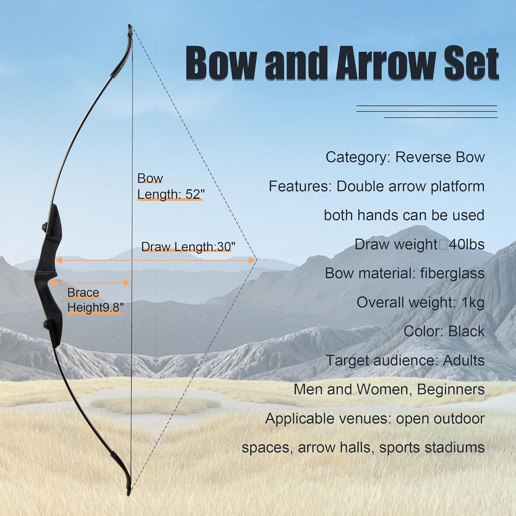 Recurve Bow and Arrow Set，Detachable Archery Adult Bow Left and Right Hands 40lbs /20lbs Suitable Adults/Youth/Beginners Outdoor Practicing