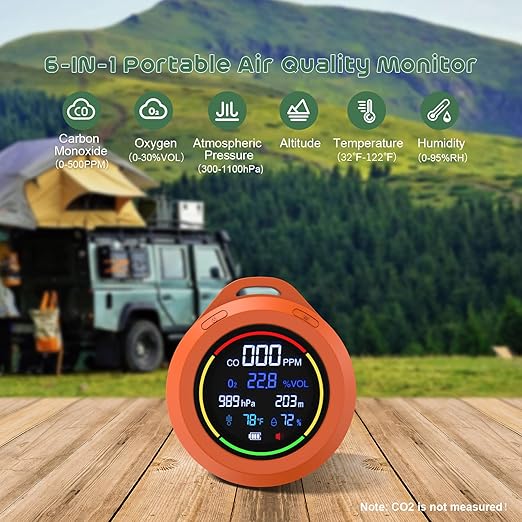 Oxygen Detector,SQECH 6-in-1 Air Oxygen Monitor Measures CO/O2/Temperature/Humidity/Altitude/Atmospheric Pressure,Portable Oxygen Monitor with Alarm & Color Backlight,for Indoor,Camping,RV,Travel