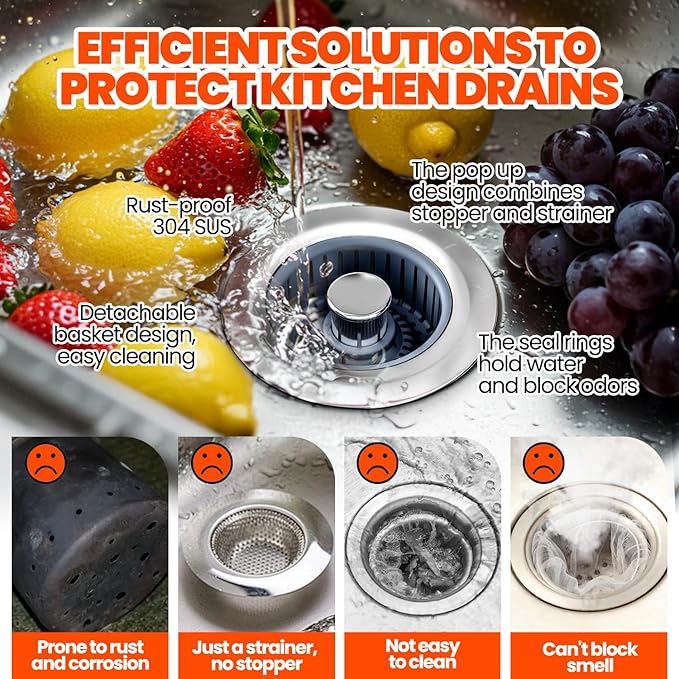 2 Pack 3 in 1 Kitchen Sink Drain Strainer & Sink Stopper, Upgraded Stainless Steel Drain Plug Combo with Anti-Clog Basket, Pop Up Drain Cover for Standard 3-1/2'',Garbage Disposal Parts