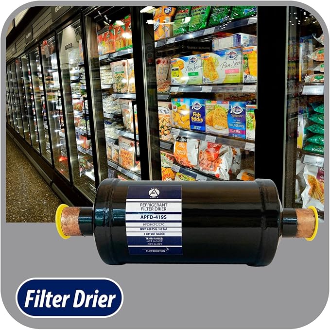 Appli Parts APFD-419S 1-1/8 in Liquid Line Refrigerant AC Filter Drier hvac Refrigeration 419S ODF Sweat Solder connection universal unidirectional 10-1/2 in long 3-3/4 in wide