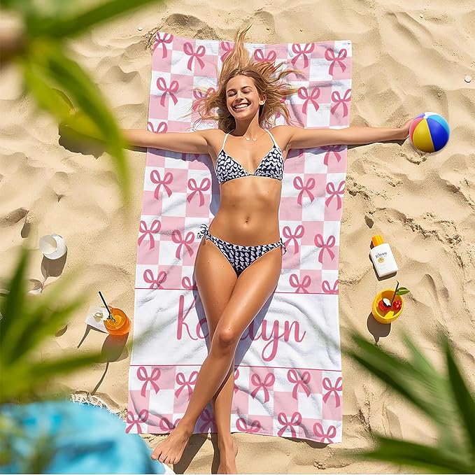 JML Personalized Beach Towel with Name, Custom Beach Towel with Text, Customized Bow Microfiber Pool Towel, Quick Dry & Absorbent Swim Towel for Adult,Anniversary, Birthday, Summer Holiday,Vacation-FlexoryFit