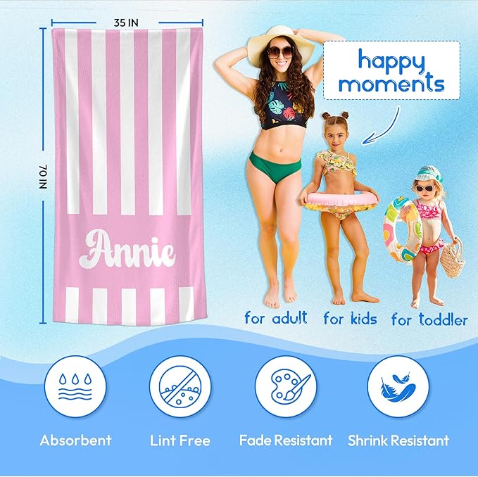 JML Personalized Beach Towel with Name, Custom Cabana Stripe Beach Towel, Customized Microfiber Pool Towel, Quick Dry & Absorbent Swim Towel for Adult,Mother's Day, Birthday, Summer Holiday,Vacation-FlexoryFit
