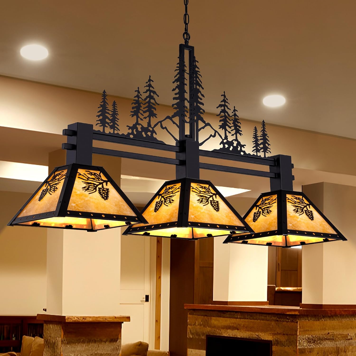 TOCHIC 3-Light Pool Table Light for 7' 8' 9' Table, 48" Rustic Tiffany Billiard Pool Table Lights, Farmhouse Chandelier for Dining Room Hanging Ceiling Light Fixture for Game Room Basement Bar