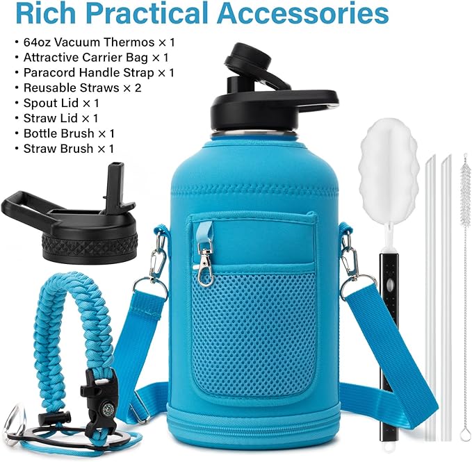 Insulated Water Bottle | Thickened Stainless Steel Vacuum Metal | Portable Sports Half Gallon Large Water Jug for Gym and Hiking with Straw, Carrier Bag, Handle Strap | BPA-Free 64 oz-FlexoryFit