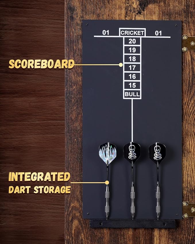 Sisal Dart Board Cabinet Sets, Decorative Dart Boards for Adults [6*Steel Darts] - Wooden Dartboard Cabinet with Integrated Scoreboard for Family Game Rooms