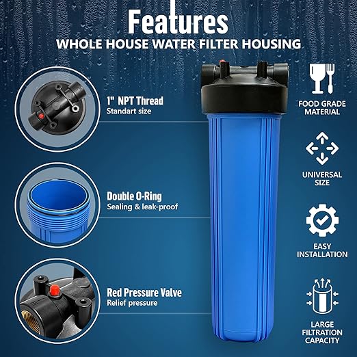 High Capacity 20 x 4.5” Whole House Filter Purifier System for Well or City Water, Presser Relief Button, 1” NPT Brass Port, Double O-Ring, Meets NSF Standards & Regulations (Blue, 3 Sets)