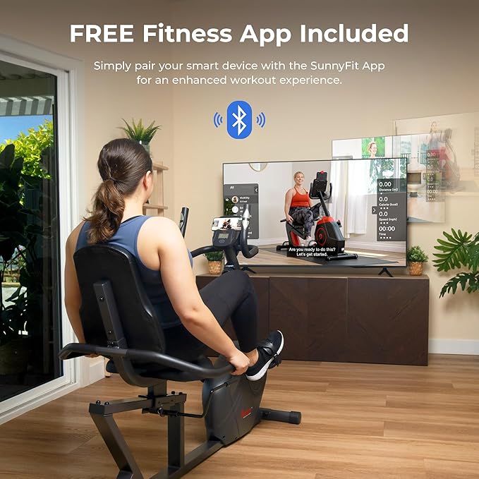 Sunny Health & Fitness Smart Heavy-Duty Recumbent Bike w/Wide Cushioned Seat & Back, Indoor Cycling Machine for Adult/Seniors Home Exercise, Free SunnyFit App Connect, Optional Workout Training Bands-FlexoryFit