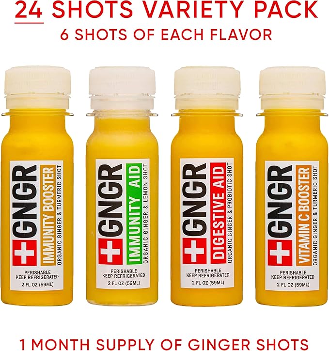 '+GNGR 24 Shots Variety Pack of Organic Immunity Boosting Ginger Shots - Cold Pressed Ginger Shots for All Natural Digestive and Immune Support - Nothing Artificial - USDA Organic (2 Fl Oz, 24 Pack)-FlexoryFit