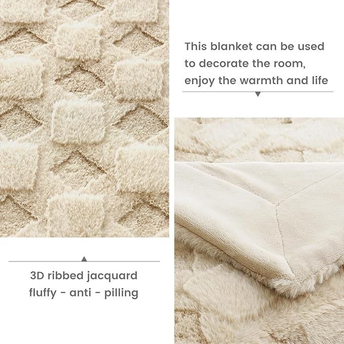 Cozy Bliss Faux Fur Throw Blanket for Couch - Soft Checkered Fuzzy Cozy Throw Gift Blankets for Women, Beige Boho Blanket for Sofa Bedroom Living Room.60 * 80 Inches