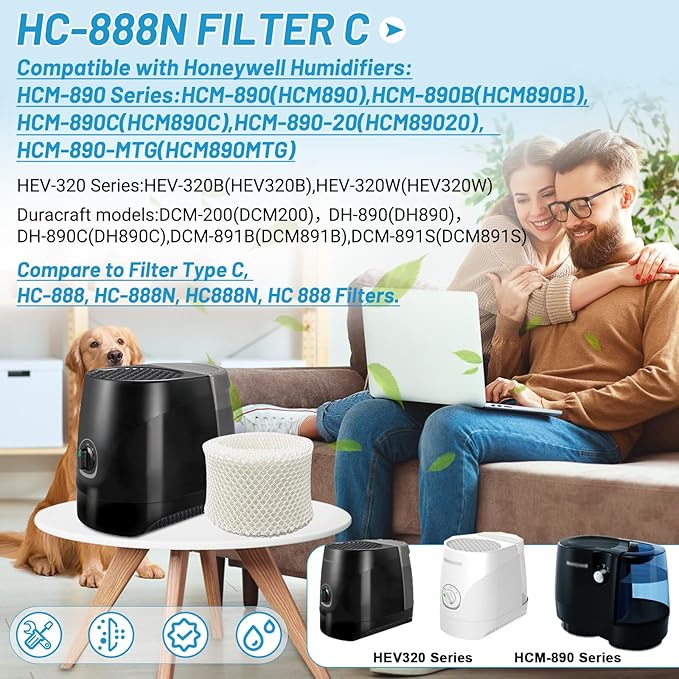 Lemige 4 Pack Humidifier Wicking Filters Compatible with Honeywell HC-888, HC-888N, Filter C, HCM-890, HEV-320 Series, Compatible with Duracraft DCM-200, DH-890