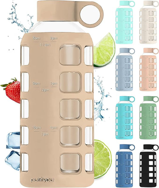 purifyou 40oz / 32oz / 22oz / 12oz Borosilicate Glass Water Bottle with Time & Volume Markers, Silicone Sleeve, Stainless Steel Lid | Reusable Glass Bottle for Water & Juice (22oz Iced Coffee)