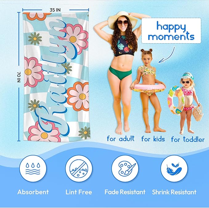 JML Personalized Beach Towel with Name, Custom Flower Beach Towel, Customized Microfiber Pool Towel, Quick Dry & Absorbent Swim Towel for Adult,Anniversary, Birthday, Summer Holiday,Vacation-FlexoryFit