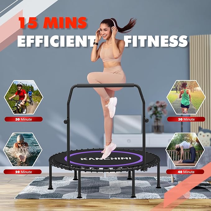 Kanchimi 550 LBS Foldable Mini Trampoline, 40" Fitness Trampoline Without armrests/U Shape Adjustable Foam Handle, Stable&Quiet Exercise Rebounder for Adults Indoor/Outdoor Workout-FlexoryFit