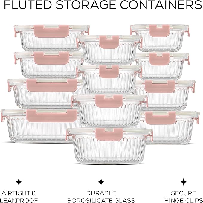 JoyJolt 24pc Borosilicate Glass Storage Containers with Lids | 12 Airtight/Freezer Safe Food Storage Containers for Pantry and Kitchen | Meal Prep Container for Lunch | Glass Tupperware Set-FlexoryFit