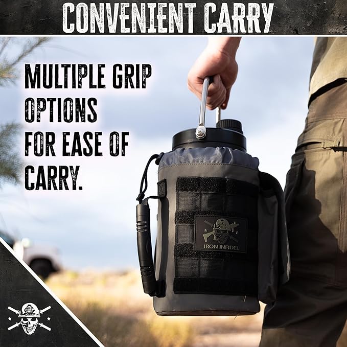 Iron Infidel Battle Bottle - One Gallon Insulated Water Bottle with Dual Carry Handles - 128 oz Tactical Stainless Steel Water Jug & Rugged Extra Large Sleeve With Storage (Betsy 128 Ounces)-FlexoryFit