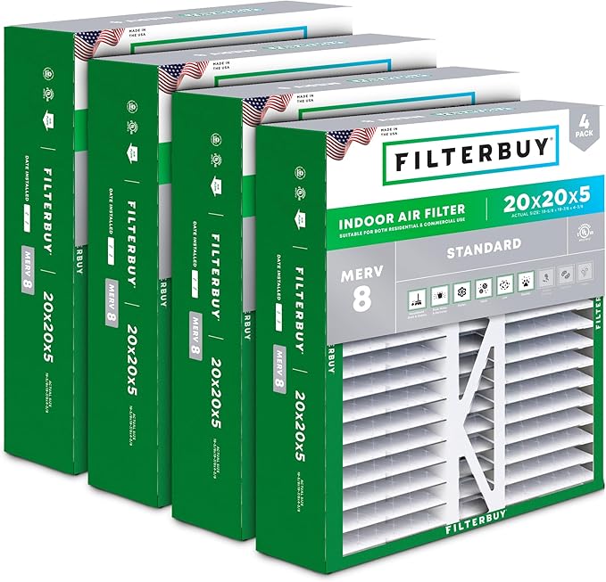 Filterbuy 20x20x5 Air Filter MERV 8 (MPR 700) Dust Defense Replacement (4-Pack), Pleated HVAC AC Furnace Filters for Honeywell FC100A1011, Lennox X0585, & More (Actual Size: 19.63 x 19.88 x 4.38)
