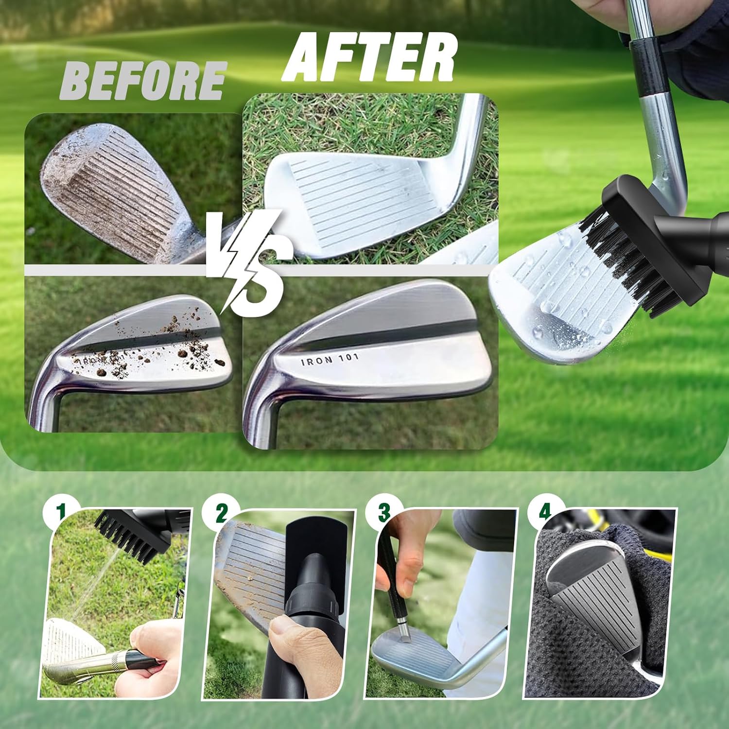JOISAWF Golf Club Cleaner Brush with Water - 7.5” Pro Golf Groove Cleaner, Leak-Proof Design, 4 Oz Water Bottle & Retainer Clip - Essential Golf Accessories for Men & Women