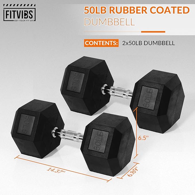 Rubber Encased Hex Dumbbell, Hand Weights with Anti-Slip Cast Iron Grip for Exercise & Fitness, Weights Dumbbells Set of 2 for Strength Training, 5-50 LBS Pair-FlexoryFit