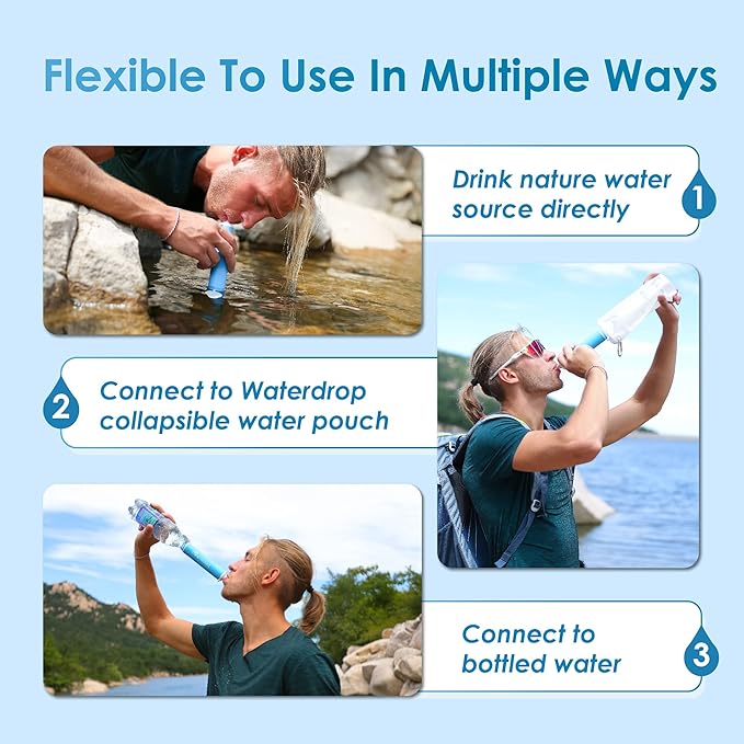 Waterdrop Gravity Water Filter Straw, Camping Water Filtration System, Water Purifier Survival for Travel, Backpacking and Emergency Preparedness, 1.5 gal Bag, 0.1 Micron, 5 Stage Filtration, Blue