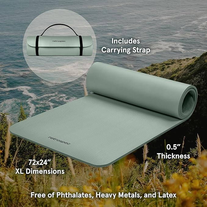 Retrospec Solana Yoga Mat 1/2" Thick w/Nylon Strap for Men & Women - Non Slip Exercise Mat for Yoga, Pilates, Stretching, Floor & Fitness Workouts-FlexoryFit