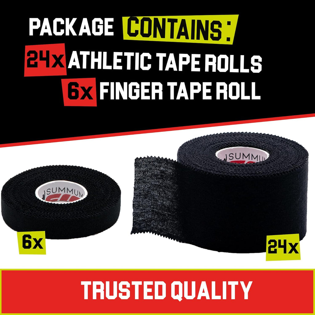 Black Athletic Tape Extremely Strong: 24 Rolls + 6 Finger Roll. Easy to Apply & No Residue. Sports Tape Athletic for Boxing Football Climbing or Gymnastics for Wrist Ankle & Hand Protection