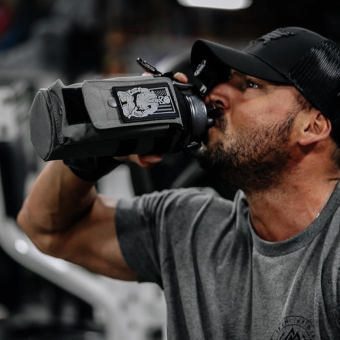 Iron Infidel Battle Bottle - 32 Oz Insulated Water Bottle with Straw Lid & Chug Cap, Stainless Steel Metal Flask Includes Rugged, Removable Sleeve for Keys, Wallet, & Phone (Earned, Not Given 1 Liter)-FlexoryFit