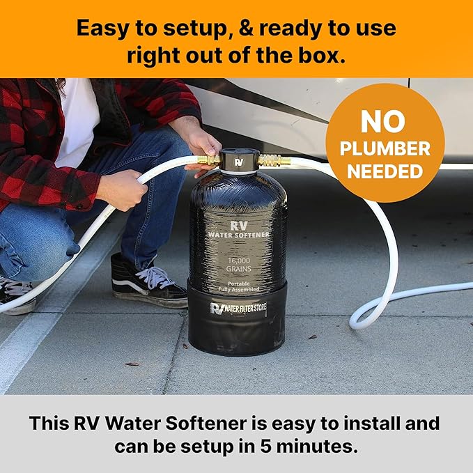 Essential RV Water Softener Portable 16,000 Grain w 4ft Hose, 3/4" Fittings, 2X Sets of Quick Connects, 1X Sani System, Softens Hard Water Prefilled NSF Resin