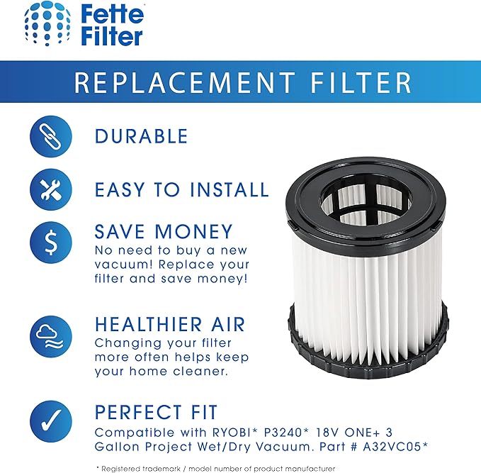 Fette Filter - A32VC05/A32RF08 Wet/Dry Vacuum Replacement Filter Compatible with RYOBI P3240 PCL733 PCL734 18V ONE+ 3 Gal. Vacuums. part # A32VC05 & A32RF08 Compatible with Hoover AH46100 - Pack of 2