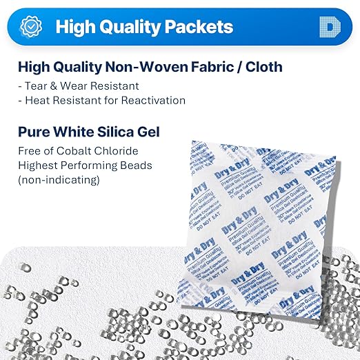 Dry & Dry Silica Gel Packets, Desiccant Packs, Silica Gel - Rechargeable Silica Gel Packs - White - 7 Packet (100 Gram)