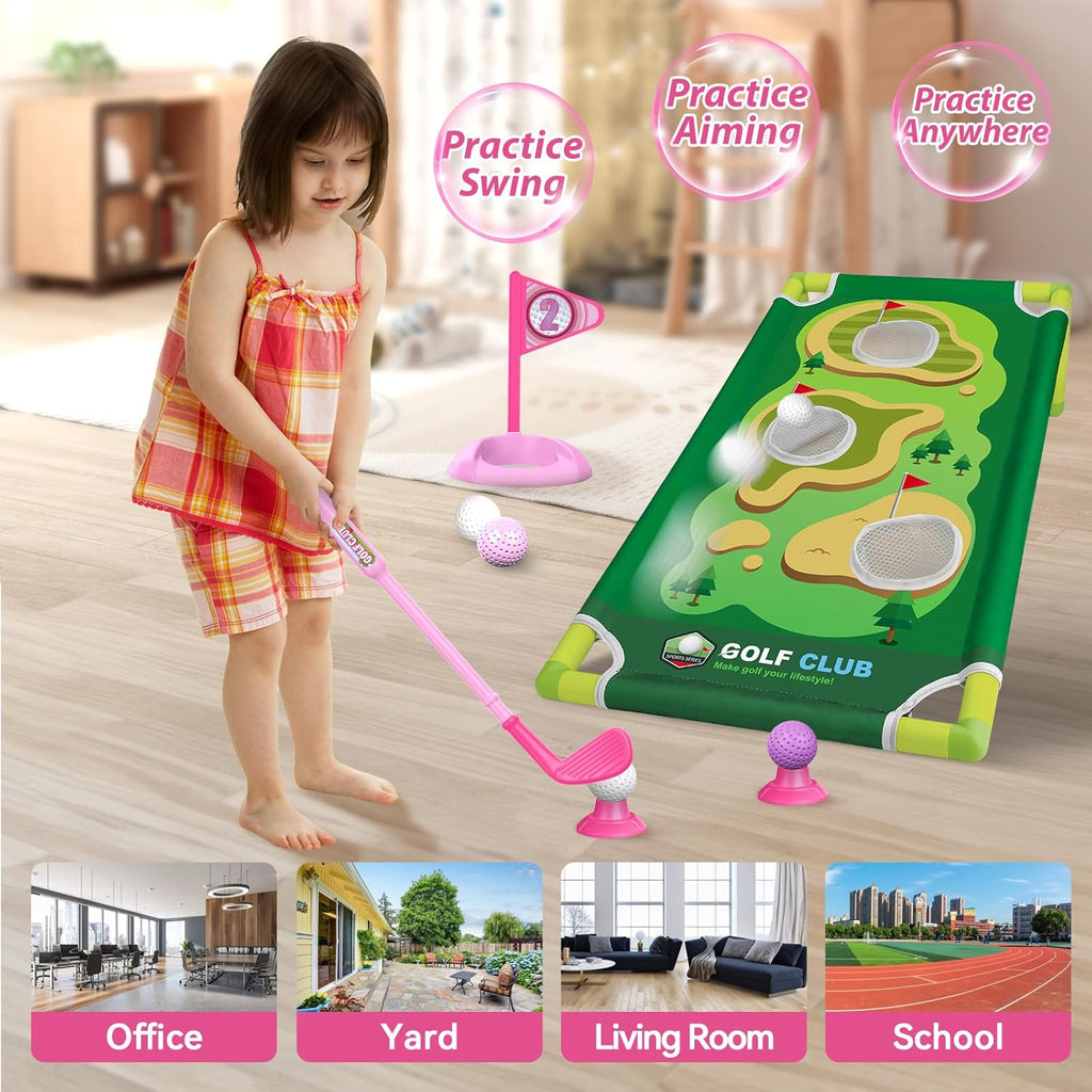 Liberry Toddler Golf Set for 2 3 4 Years Old Girls Boys, Upgraded Kids Golf Cart with Golf Cornhole Board & Putting Mat, Indoor and Outdoor Golf Toys Birthday Gift, Pink