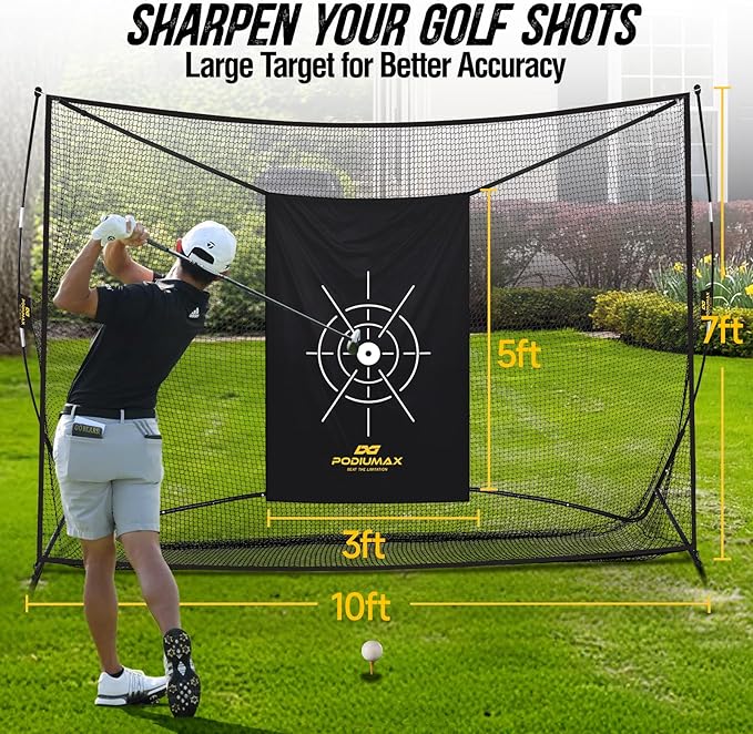 PodiuMax Golf Net, 10x7ft Golf Practice Net with Noise Reduce Silk Target Driving Real Balls, Hitting Nets for Backyard Garage, Improve Chipping Putting Pitching, Gift for Men & Golfers