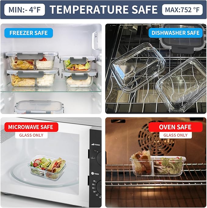 2 & 3 Compartment Meal Prep Containers - Glass Food Storage Lunch Containers with Lids, Bento Box, Portion Control, Freezer to Microwave Safe-FlexoryFit