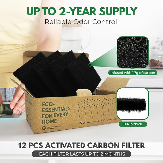 Charcoal Filters for Compost Bucket 3.5 inch Square - Pack of 12 Odor Blocking Compost Filters for Countertop Bin, Trash Cans and Litter Boxes - Universal Replacement Compost Bin Filters Charcoal