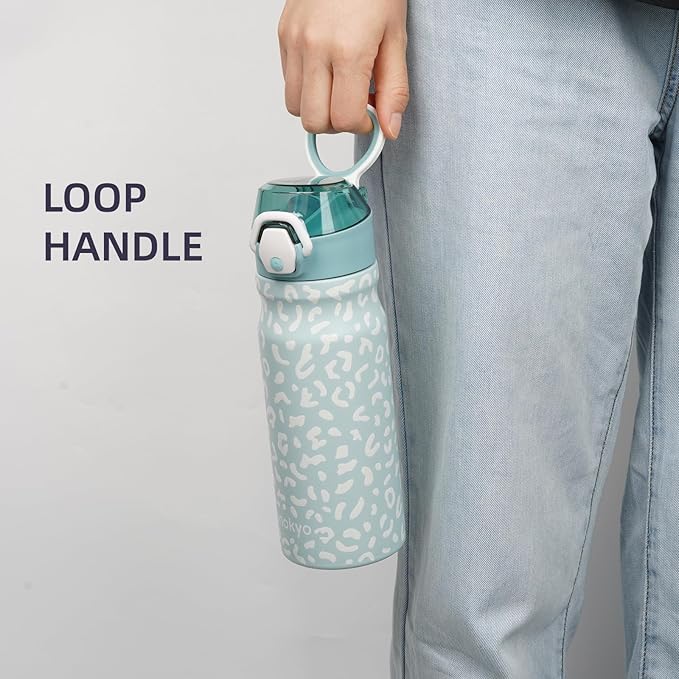Insulated Water Bottle with Straw and Carry Loop,18 oz Stainless Steel Double Wall Vaccum Metal Water Flask with Leak-proof Lid,Light Blue Leopard-FlexoryFit