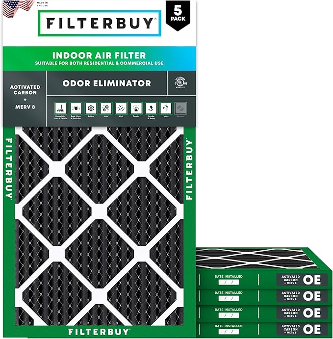 Filterbuy 14x25x1 Air Filter MERV 8 (MPR 700) Odor Eliminator Replacement (5-Pack), Electrostatic Pleated HVAC AC Furnace Filters w/Activated Carbon, Made in USA (Actual Size: 13.50 x 24.50 x 0.75)