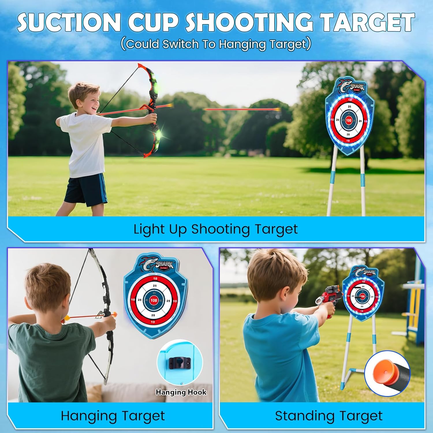 VATOS 2 Pack Bow and Arrow Toy with LED Light - 4 in 1 Archery & Dart Game Set with 20 Suction Cup Arrows, Shark Glow Target & Dart Board - Indoor/Outdoor Birthday Gift for Kids Boys Girls Ages 5-12