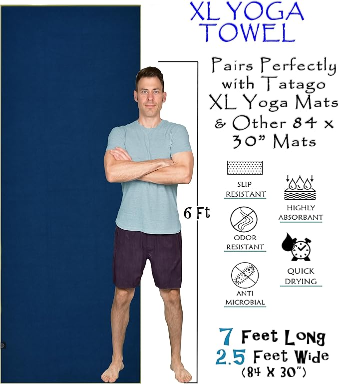 Tatago Hot Yoga Mat Towel Non Slip for Hot Yoga (72-84 inch Mats) Our Hot Yoga Towel Non Slip Silicone Dabs & Absorbent Microfiber Blend Gives You More Grip As You Drip! (Azuloro, XL - 84")-FlexoryFit