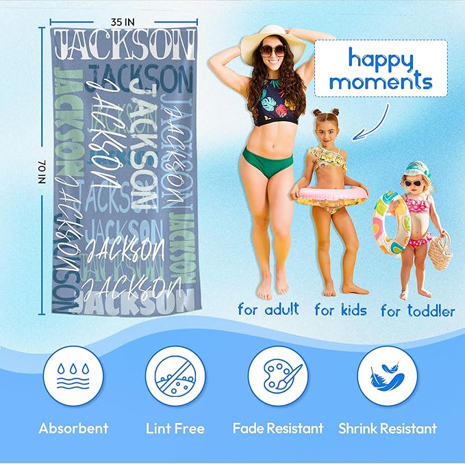 JML Personalized Beach Towel with Name, Custom Beach Towel with Name, Customized Microfiber Pool Towel, Quick Dry & Absorbent Swim Towel for Adult,Anniversary, Birthday, Summer Holiday,Vacation-FlexoryFit