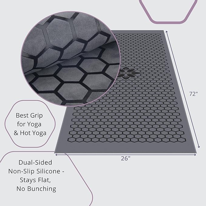 Clever Yoga Non-Slip Hot Yoga Towel – Non-Slip Grip for Hot Yoga, Sweat Absorbent, Honeycomb Silicone Grip, Stays Flat – Ideal for Pilates, Travel, Washable & Lightweight - Gray-FlexoryFit