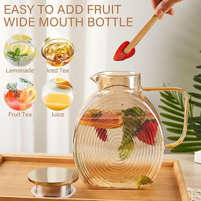 OneDream Glass Pitcher with Lids for Fridge Door, 2.5l/84oz Large Iced Tea Pitcher with Handle, Borosilicate Water Jug for Sun Tea, Fruit Juice, Drinks, Lemonade, Cold or Hot Beverages, Champagne