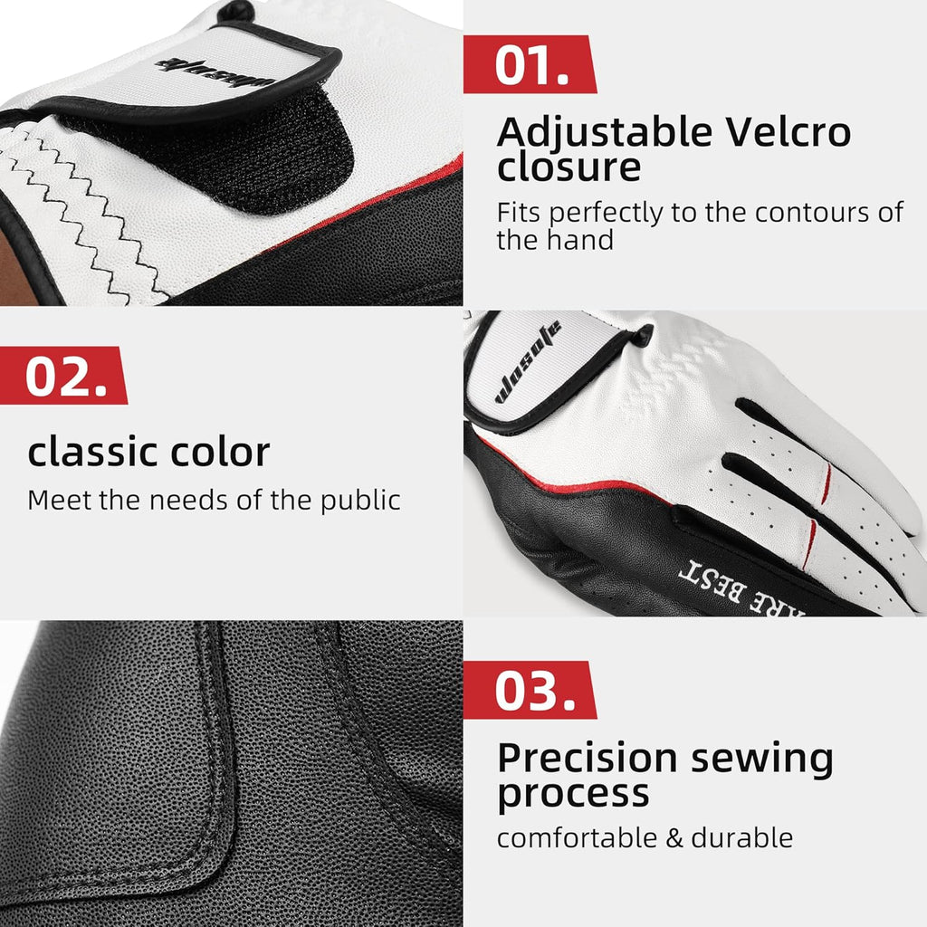 Golf Glove Men Left Hand Premium Leather Grip Soft Breathable Durable Fit All Weather with Golf Tee and Divot Repair Tool