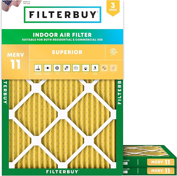 Filterbuy 15x20x1 Air Filter MERV 11 (MPR 1200) Allergen Defense Replacement (3-Pack), Electrostatic Pleated HVAC AC Furnace Filters, Made in USA (Actual Size: 14.50 x 19.50 x 0.75)
