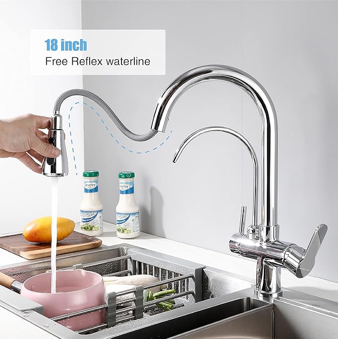 Kitchen Faucet with Pull Down Sprayer Modern 2 Handle Kitchen Faucets Drinking Water Faucet Reverse Osmosis Faucet for Kitchen Sink 3 in 1 High Arc Water Purifier Faucets Lead-Free Brass,Chrome