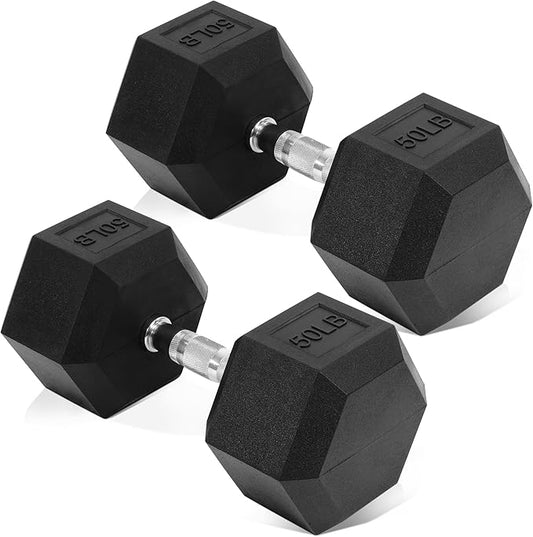 Rubber Encased Hex Dumbbell, Hand Weights with Anti-Slip Cast Iron Grip for Exercise & Fitness, Weights Dumbbells Set of 2 for Strength Training, 5-50 LBS Pair-FlexoryFit