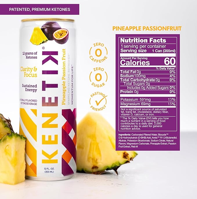 KENETIK Nootropic Ketone Drink, Ketones for Energy & Focus, Caffeine & Sugar Free, High Performance D-BHB Ketone Mix, Fuel w/Zero Crash or Jitters, Ready to Drink - Pineapple Passionfruit 12 Pk-FlexoryFit
