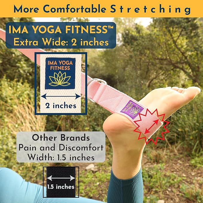 Adaptive Yoga Strap, Stretching Strap, 2 Inches Wide, 100% Naturally Soft Cotton, Steel D-Rings, Includes Natural Cotton Drawstring Storage Pouch and Instructional E-Book-FlexoryFit
