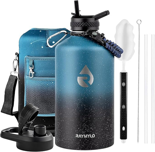 128oz Insulated Water Bottle, Triple Wall Vacuum Stainless Steel Water Bottles - Keeps Cold 48H, Reusable One Gallon Jug for Gym, Sports, Camping, Hiking,Travel, Midnight Blue Speckle-FlexoryFit