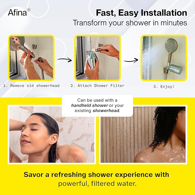 Afina Shower Filter - Shower Head Filter for Hard Water | High Pressure Shower Water Filter - Improves Skin & Hair by Removing Chlorine & Heavy Metals, Transform Your Shower Head with Filters (Black)